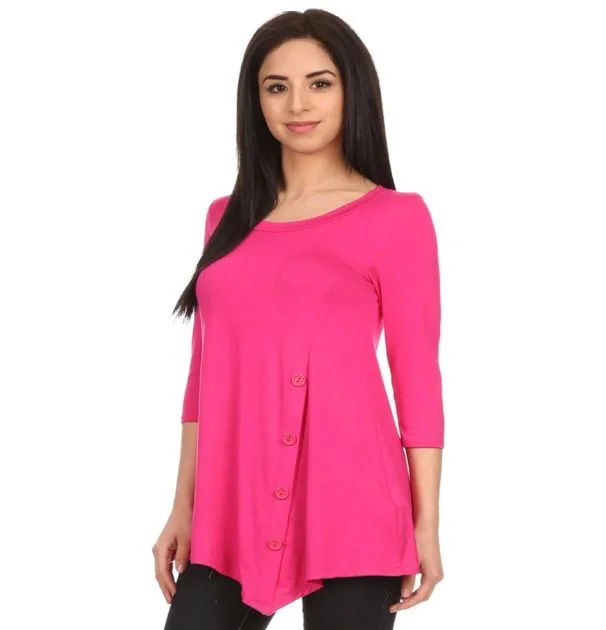 Womens Casual Top, High-Low Side Button Shirt, Sizes S/M/L/XL, Solid Pink