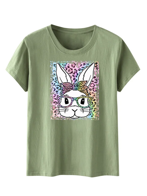 Women's Leopard Rabbit Graphic Print Short Sleeve T-shirt