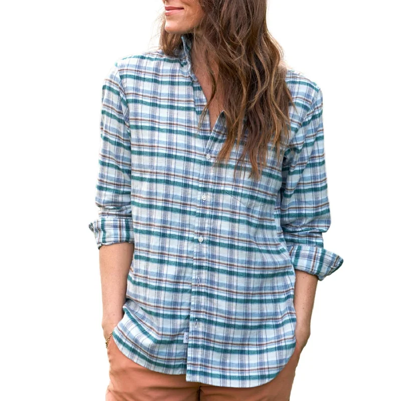 Boyfriend Button-Up Shirt In Cream Green Blue Plaid