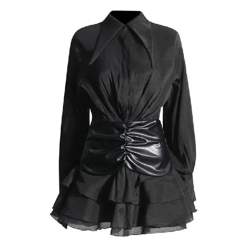 Edge Pointed Collar Vegan Leather Panel Ruched Tiered Mini Shirt Dress